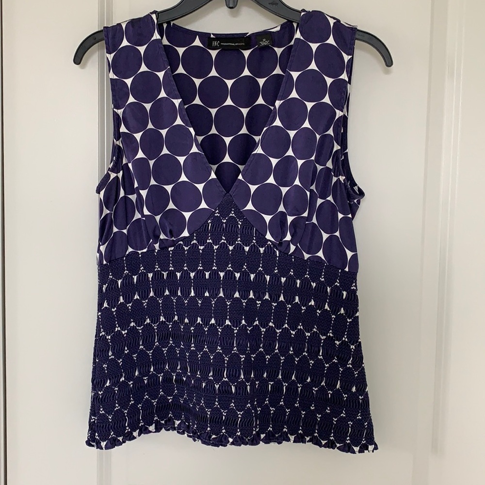 100%SILK SUMMER TOP IN NAVY WITH ELASTICIZED PANEL